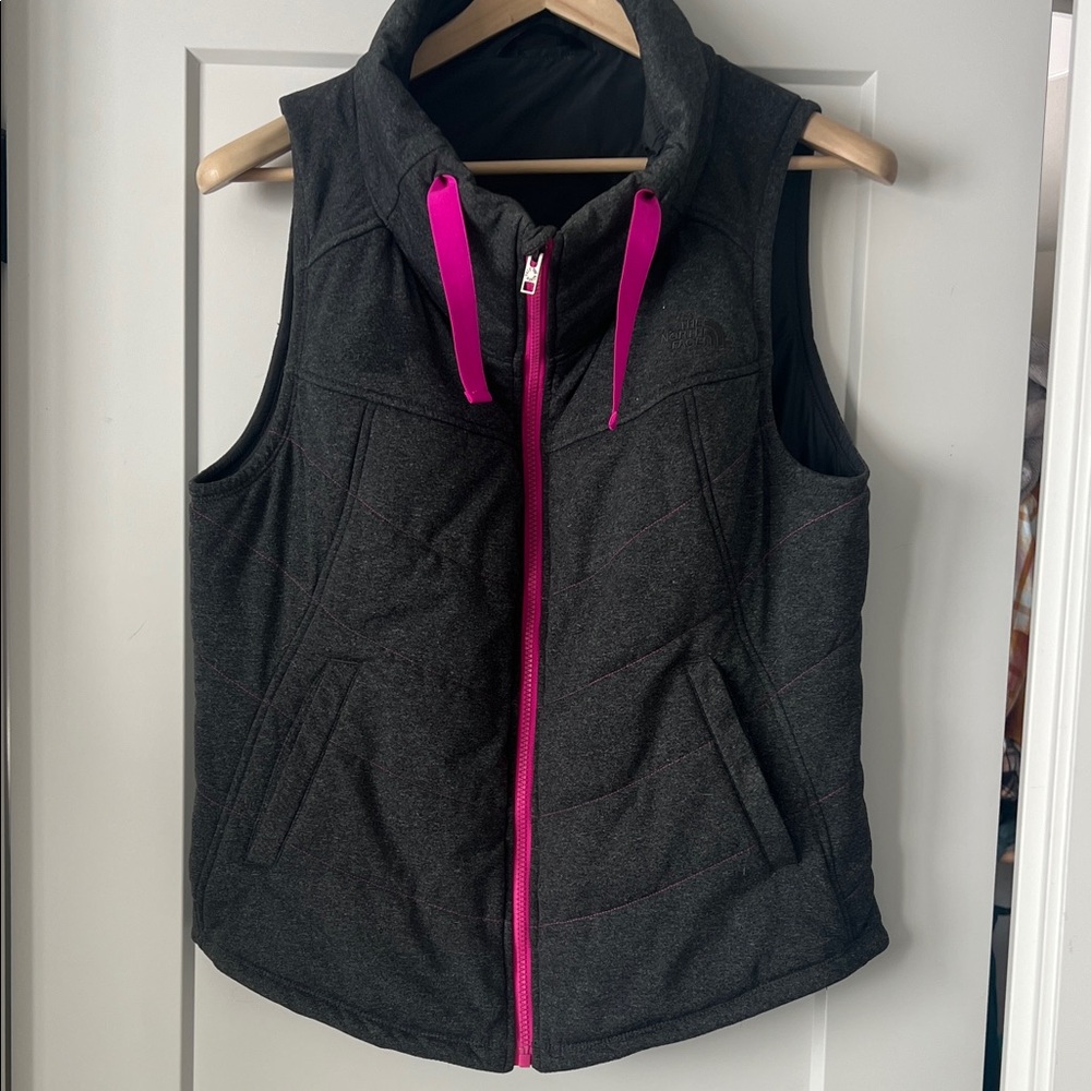 North Face Gray Quilted Vest with Pink Accents